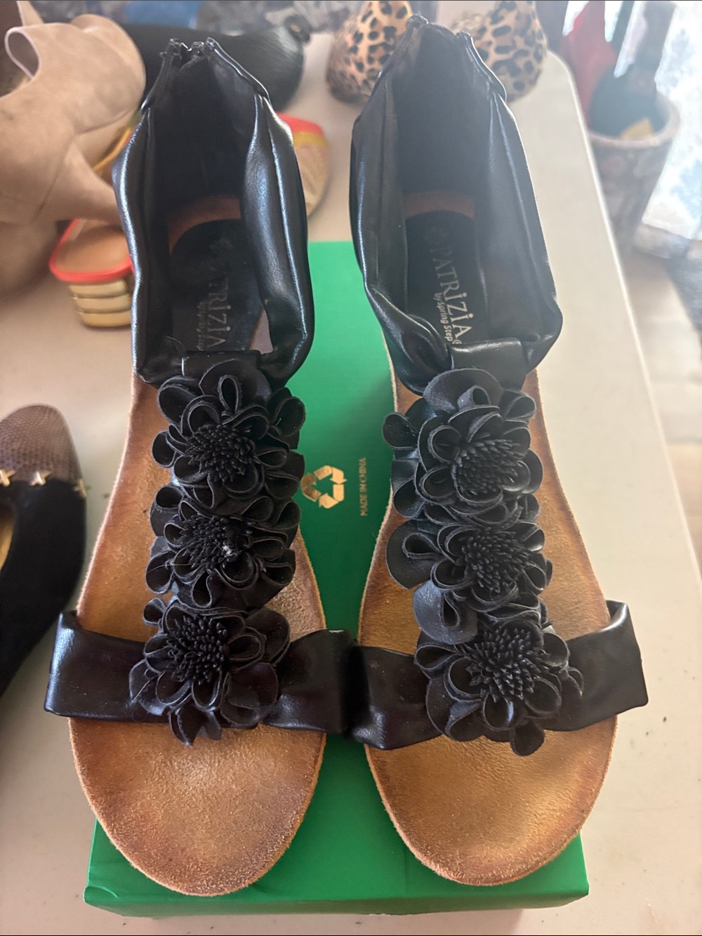Patrizia Pepe Black Floral T-Strap Sandals